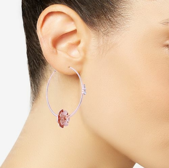 Rose Gold-Tone Crystal&Flower Charm Hoop Earrings - Picture 2 of 5